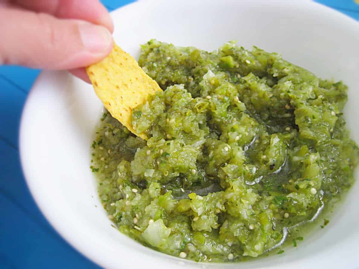 Fresh Salsa Verde, easy and worth it! Fresh, spicy with good bite.