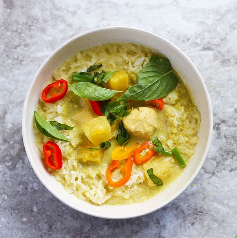 How to make Thai Green Curry with chicken and pineapple. Make your own curry paste or use pre-made in a can. This is an easy recipe and cooks up fast. | FusionCraftiness.com | Thai curry, Thai green curry, chicken, pineapple, rice, Thai food