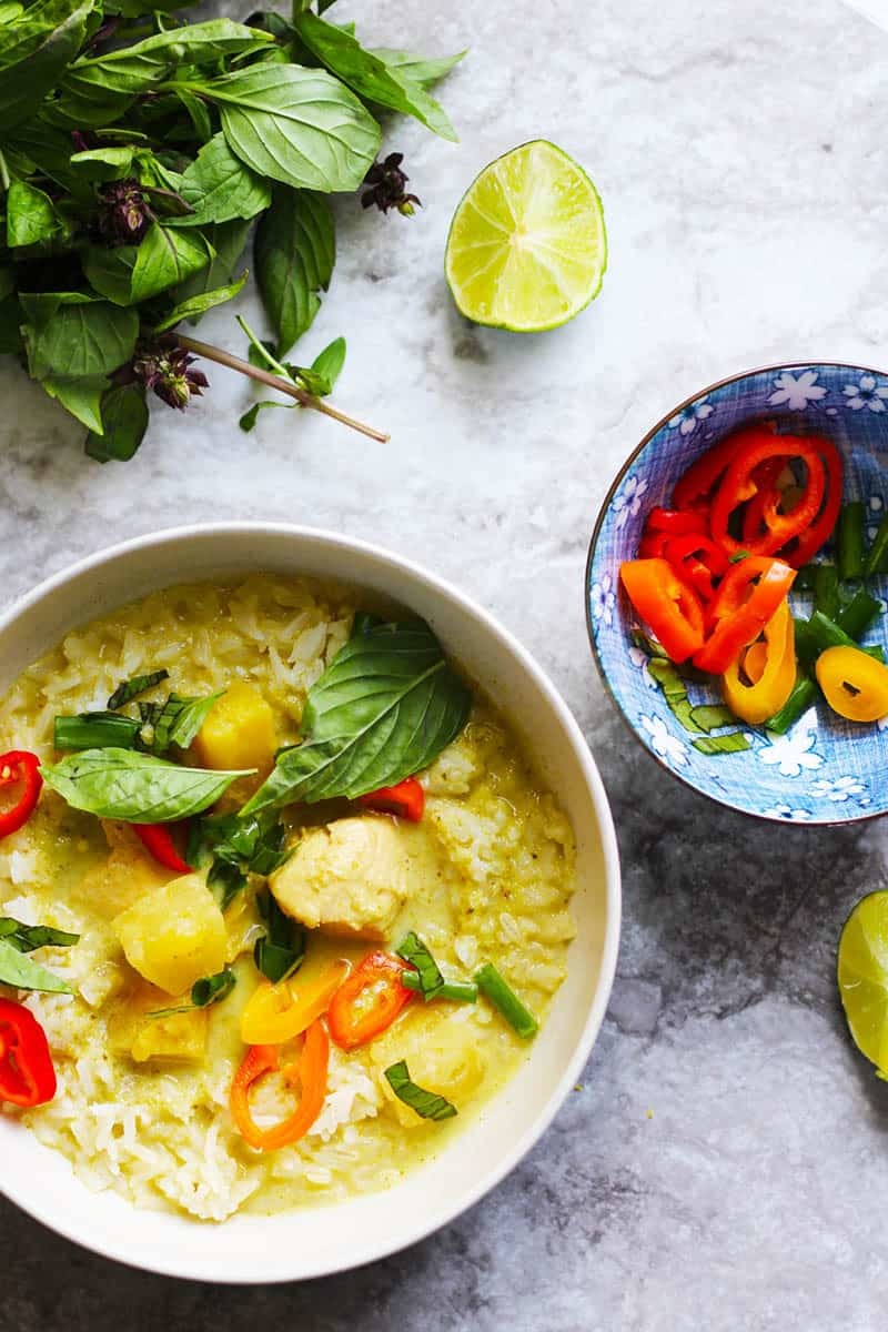 How to make Thai Green Curry with chicken and pineapple. Make your own curry paste or use pre-made in a can. This is an easy recipe and cooks up fast. | FusionCraftiness.com | Thai curry, Thai green curry, chicken, pineapple, rice, Thai food