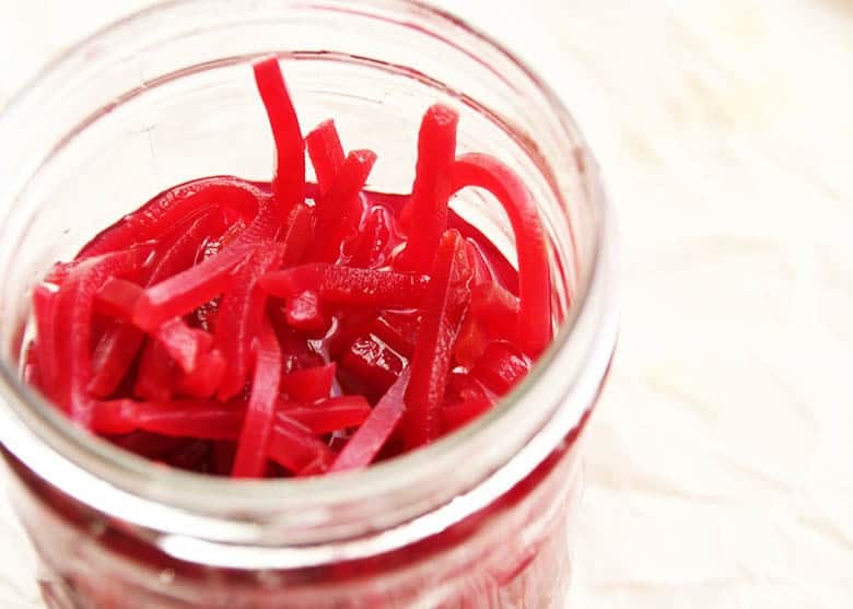 Quick pickled beets in a mason jar.