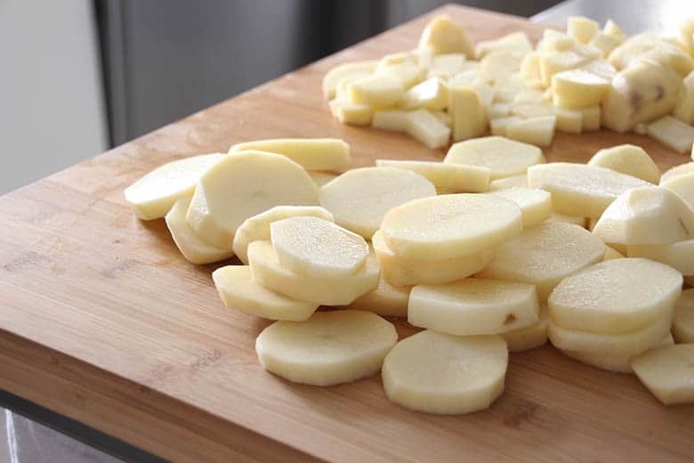 Sliced potatoes for Irish Coddle.