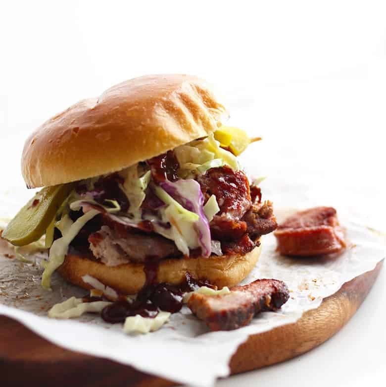 BBQ sandwich on a cutting board.