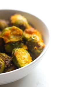 A bowl of roasted Brussels sprouts.
