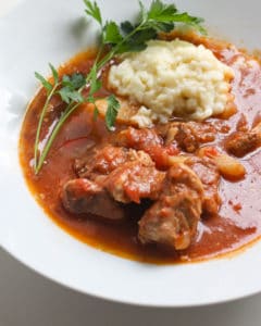 A bowl of traditional Hungarian goulash.