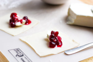 Cranberry sauce and cream cheese on wonton wrappers.