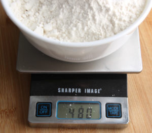 Flour weighed on scale at 480g.